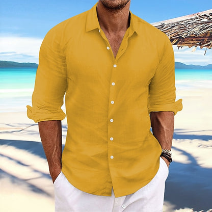Men's Linen Shirt Summer Shirt Beach Wear Casual Shirt Button Up Shirt Plain Casual Daily Light Yellow White Pink Dark Navy Long-Sleeve Spring & Summer Clothing Apparel