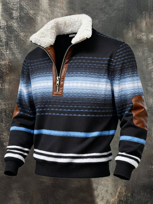 Men's Retro Color Block Print Casual Fur Collar Sweatshirt