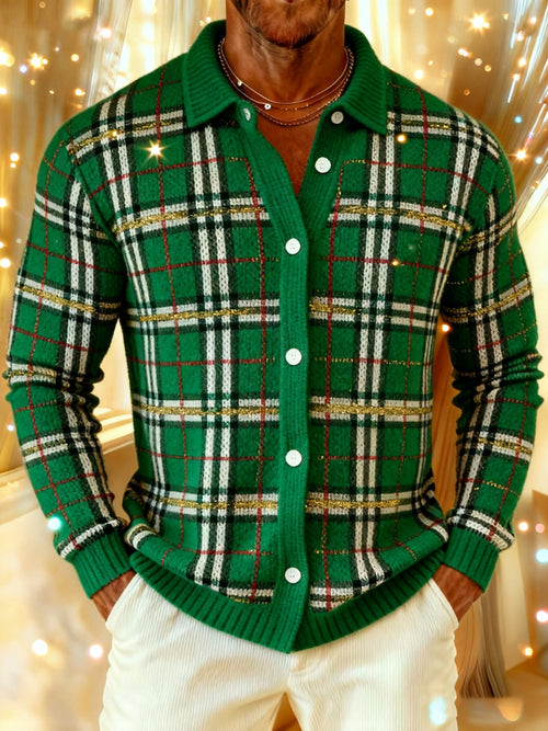 Men’s Christmas Green Plaid Soft Cozy Knit Cardigan Shirt