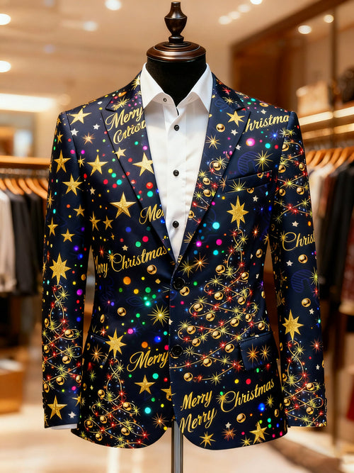 Men's Christmas Casual Print Large Pocket Blazers