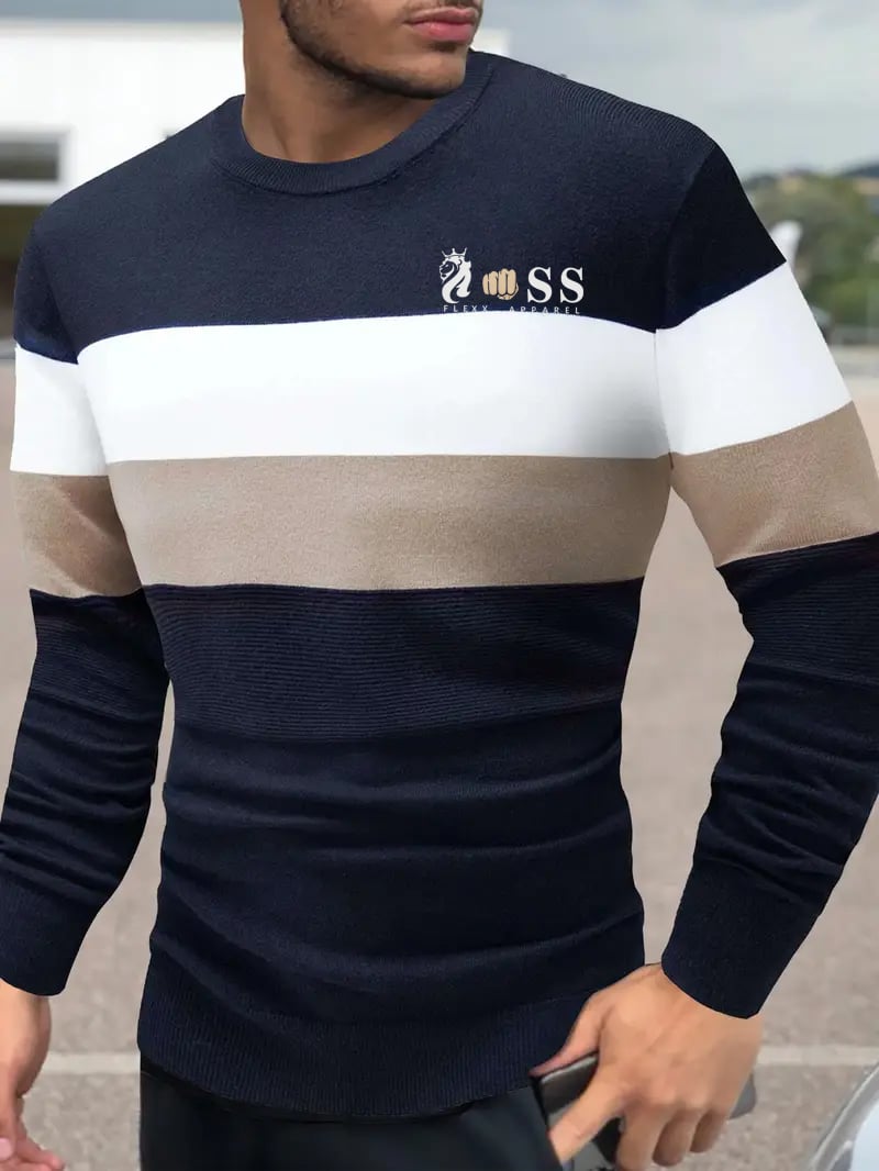 Men's Casual Stripe Round Neck Knit Sweater