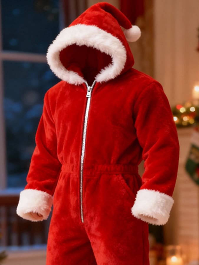 Men's Christmas Plush Warm Color-Blocked Jumpsuit