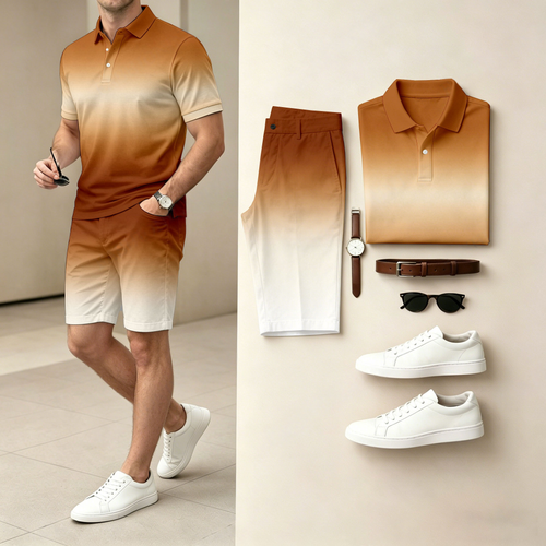 Men's Casual Gradient-Print Polo Shirt And Shorts Two-Piece Set (Does Not Include Watch, Belt, Or Accessories)