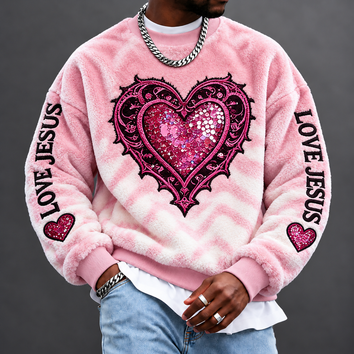 Men's LOVE JESUS Heart Plush Crewneck Sweatshirt