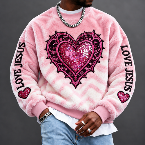 Men's LOVE JESUS Heart Plush Crewneck Sweatshirt