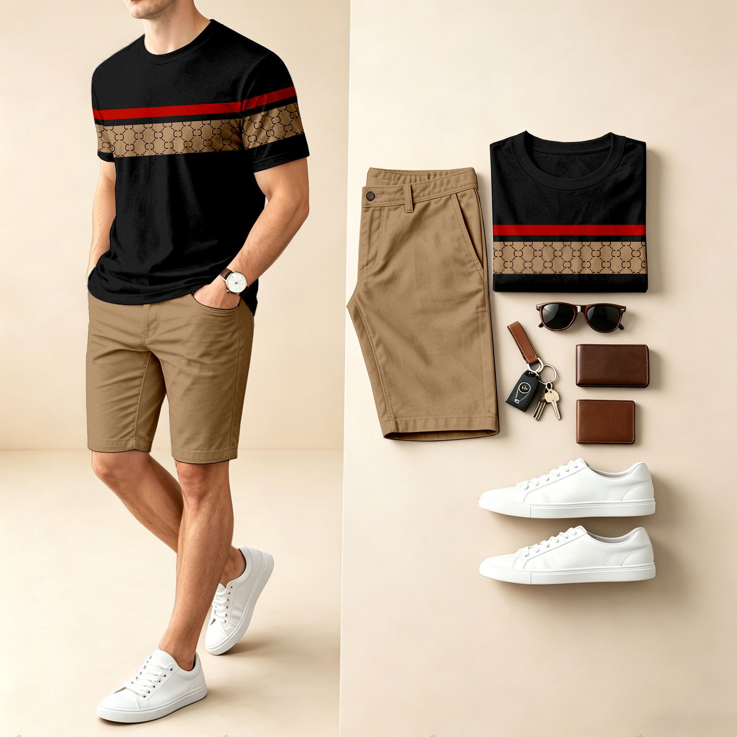 Men's Casual Striped Color-Block Print Round-Neck Short-Sleeve T-Shirt And Shorts Two-Piece Set