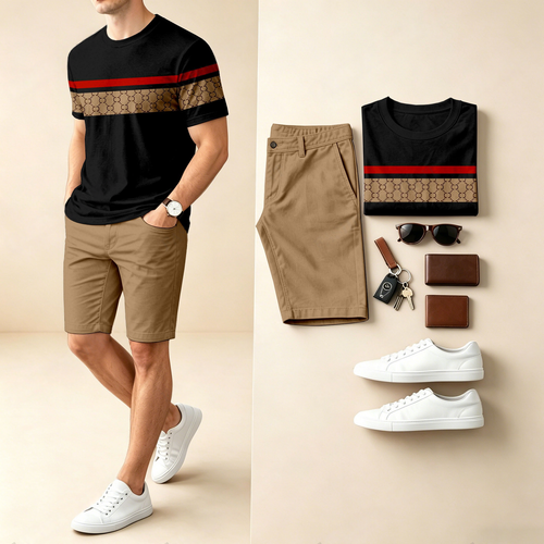 Men's Casual Striped Color-Block Print Round-Neck Short-Sleeve T-Shirt And Shorts Two-Piece Set