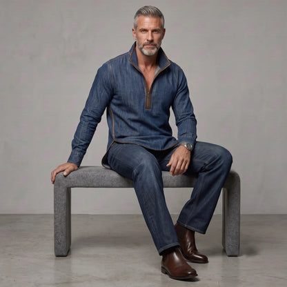 Men's Denim Stand Collar Contrast PU Leather Trim Side Slit Half Zip Slim Fit Sweatshirt