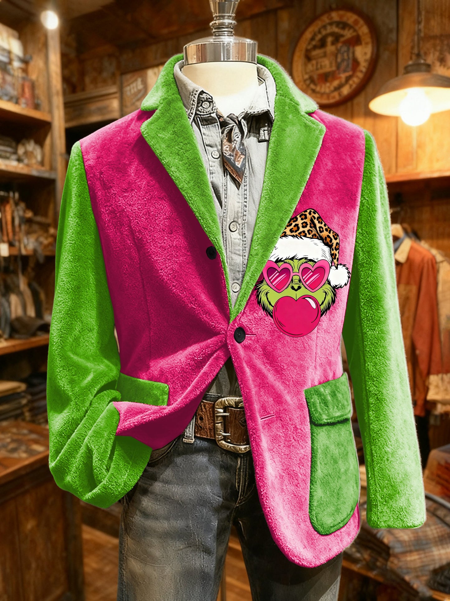 Men's Retro Christmas Green Flannel Warm Suit Jacket