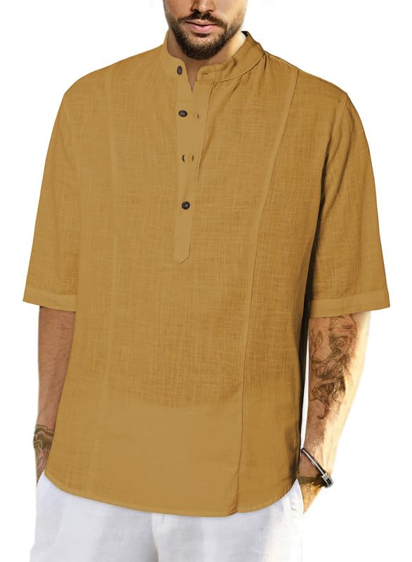JMIERR Mens Cotton Linen Henley Shirt Casual Button Down Short Sleeve Tropical Shirts Summer Beach T Shirts
