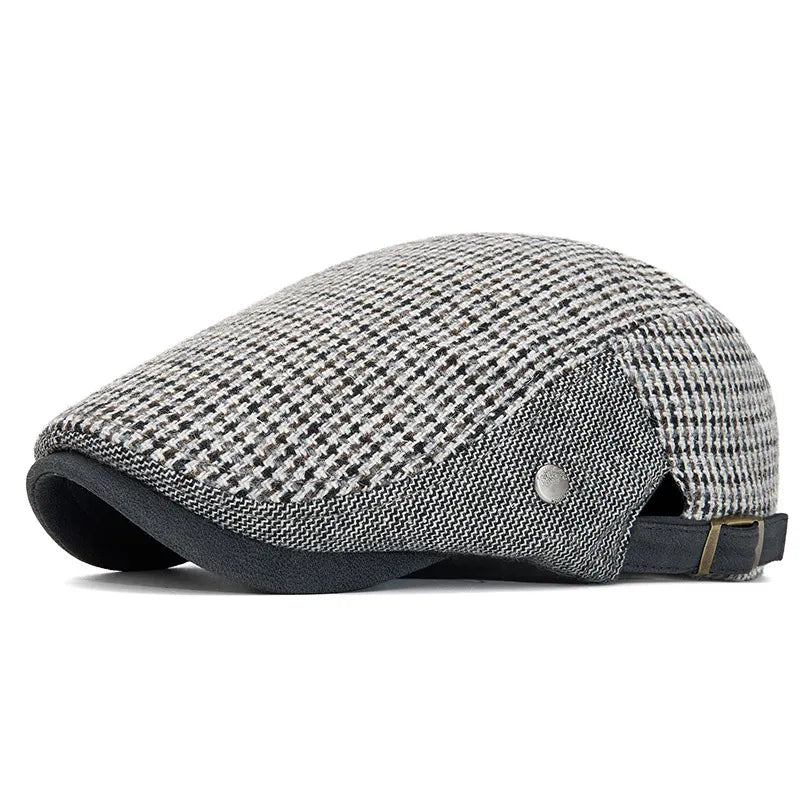 Men's Vintage Houndstooth Patchwork Adjustable Buckle Strap Flat Cap