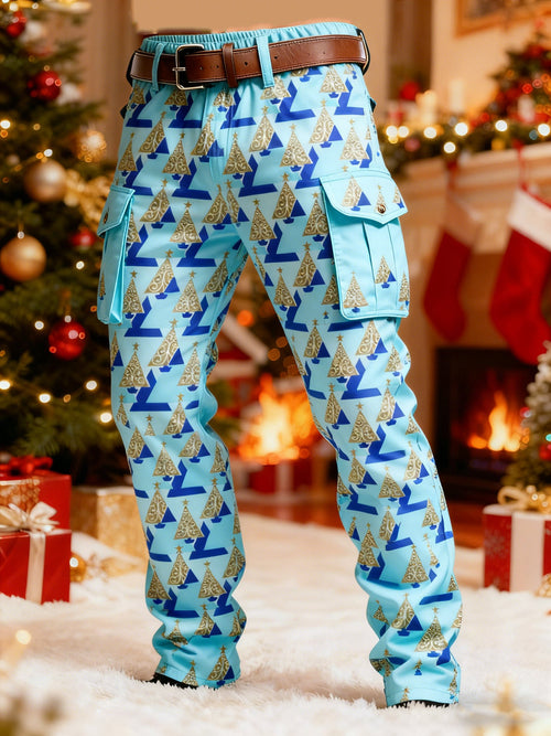 Men's Christmas Blue and Gold Triangle Trees Printed Cargo Pants