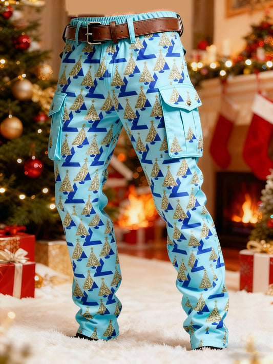 Men's Christmas Blue and Gold Triangle Trees Printed Cargo Pants