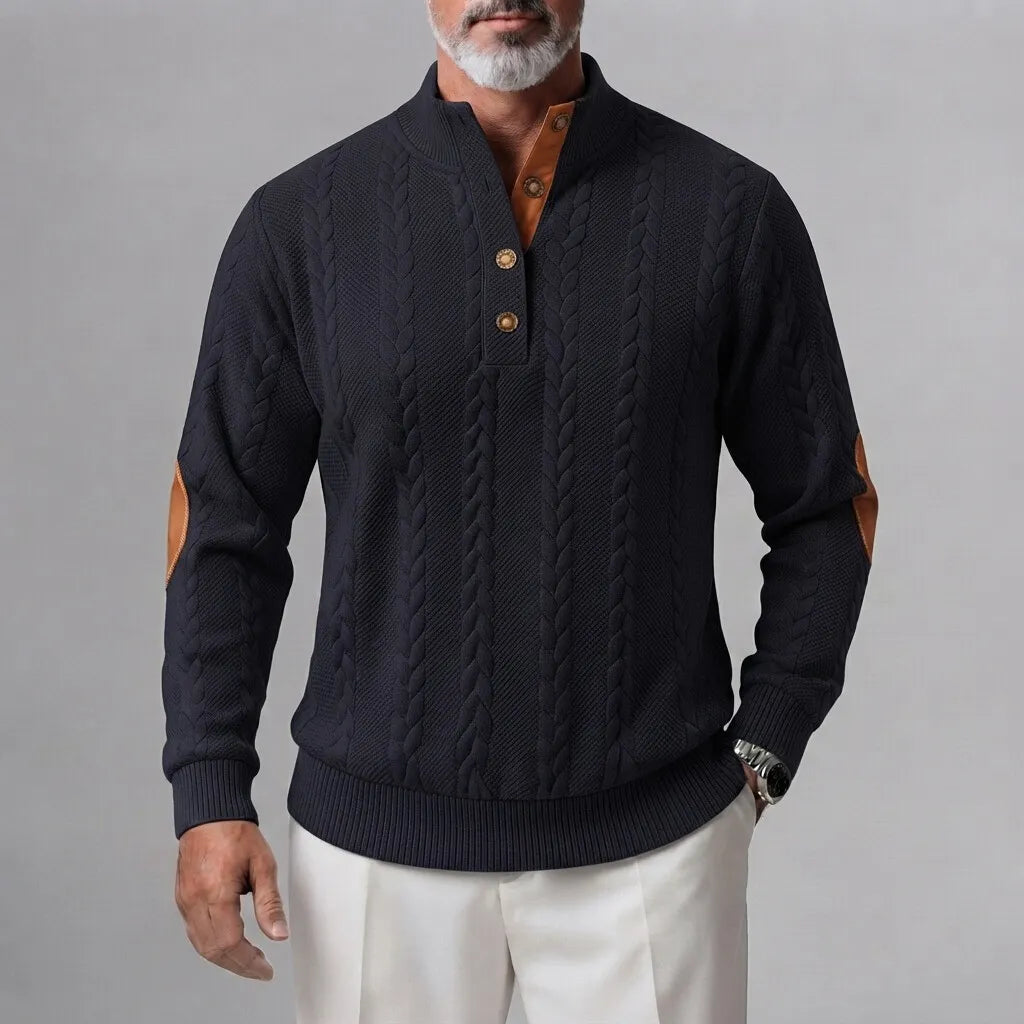 Men's Cable Knit Button Half Placket Stand Collar Patchwork Sweatshirt