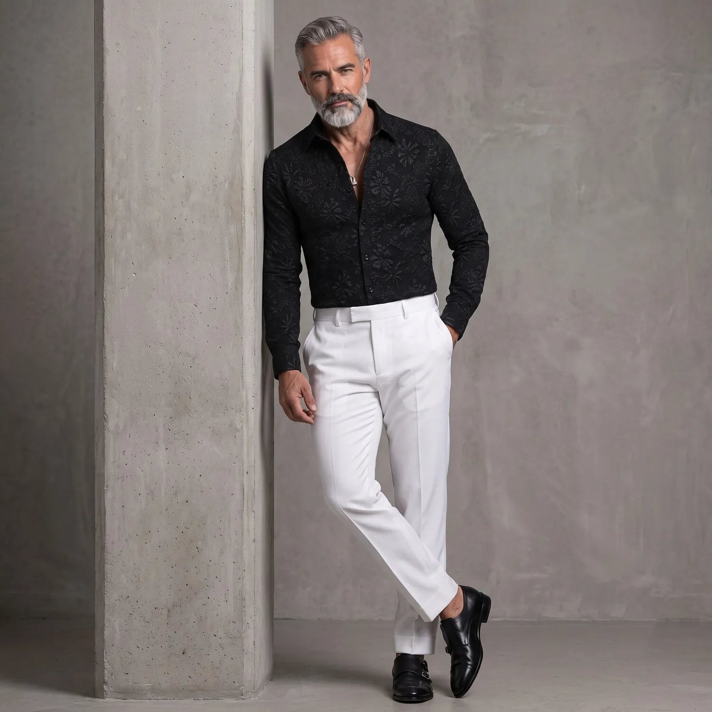 Men's White 3D Floral Embossed Pattern Slim Fit Long Sleeve Shirt