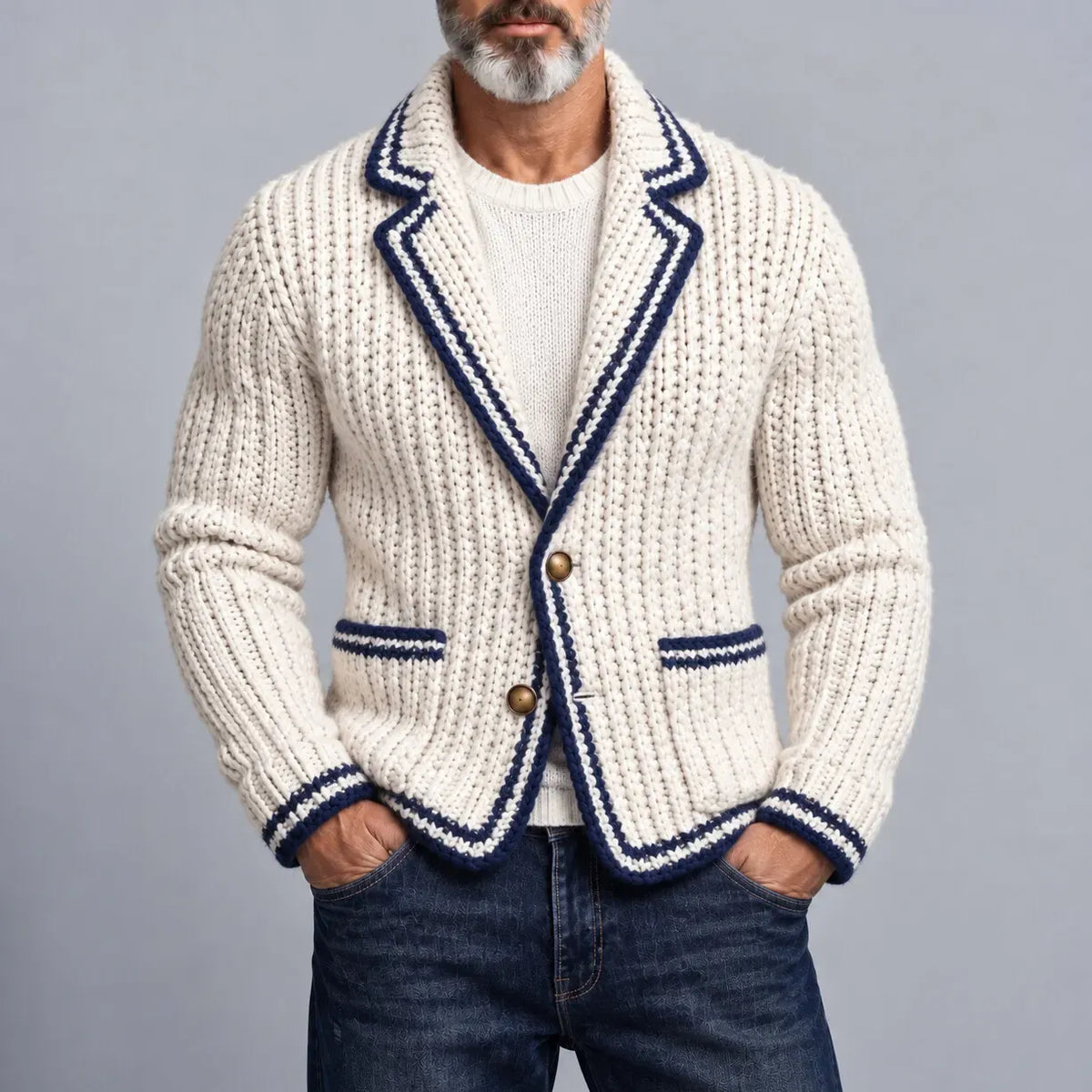 Men's Ivory Contrast Binding Notch Lapel Patch Pockets Single Breasted Chunky Knit Blazer