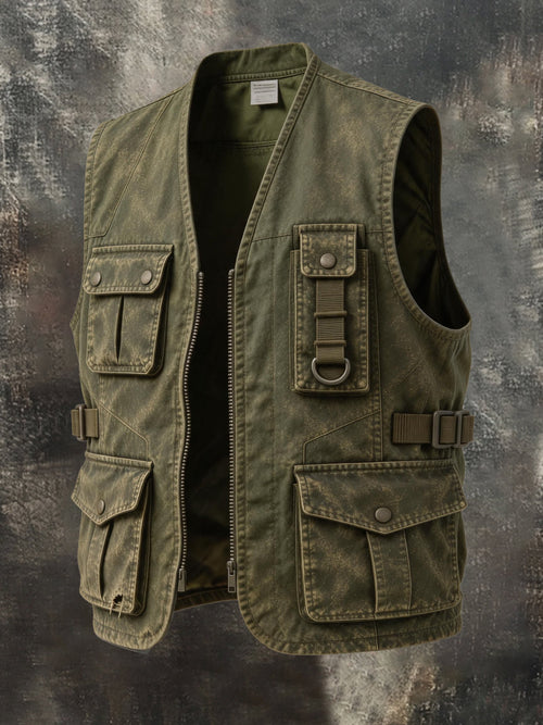 Men's Vintage-Style Distressed Washed Outdoor Utility Vest