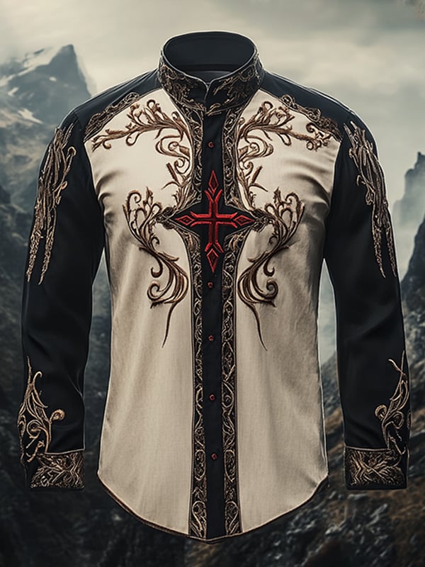 Men's Vintage Christian Cross Easter Lapel Long Sleeve Shirt
