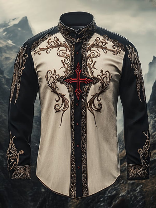 Men's Vintage Christian Cross Easter Lapel Long Sleeve Shirt