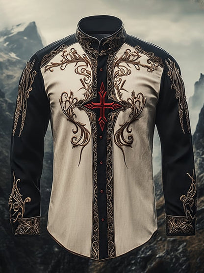 Men's Vintage Christian Cross Easter Lapel Long Sleeve Shirt