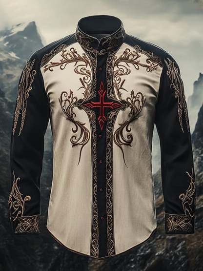Men's Vintage Christian Cross Easter Lapel Long Sleeve Shirt