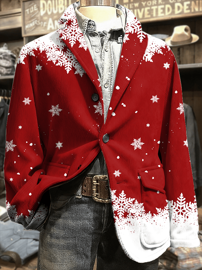 Men's Retro Christmas Art Print Corduroy Casual Jacket