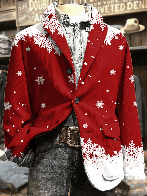 Men's Retro Christmas Art Print Corduroy Casual Jacket