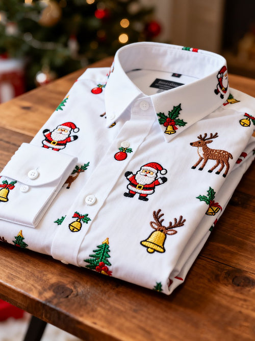 Men's Business Retro Christmas Elk Santa Claus Evergreen Print Long Sleeve Shirt