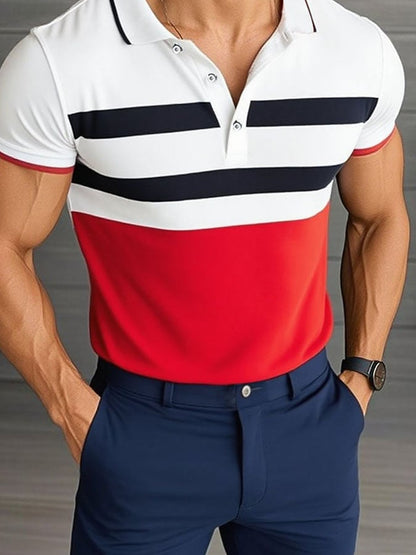 Men'S Casual Classic Striped Print Business Short-Sleeved Polo Shirt