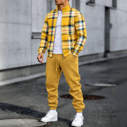 Men's Checkered Stand-Up Collar Jacket and Pants Set