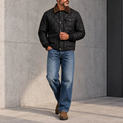 Men's Casual Solid Color Contrast Turndown Collar Utility Pockets Snap Buttons Quilted Jacket