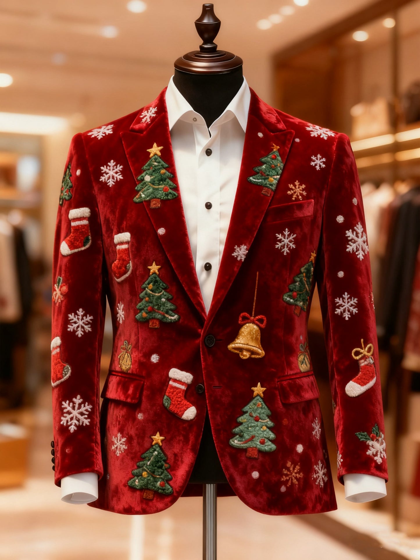 Men's Business Casual Large Pocket Notch Lapel Print Christmas Blazers