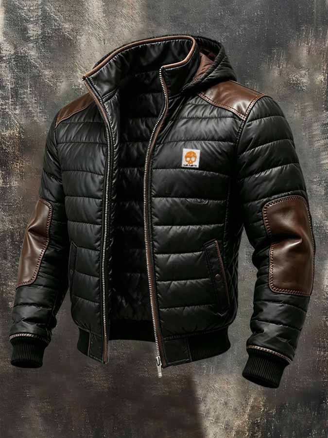 Men'S Retro Color-Block Down Jacket With Leather Paneling