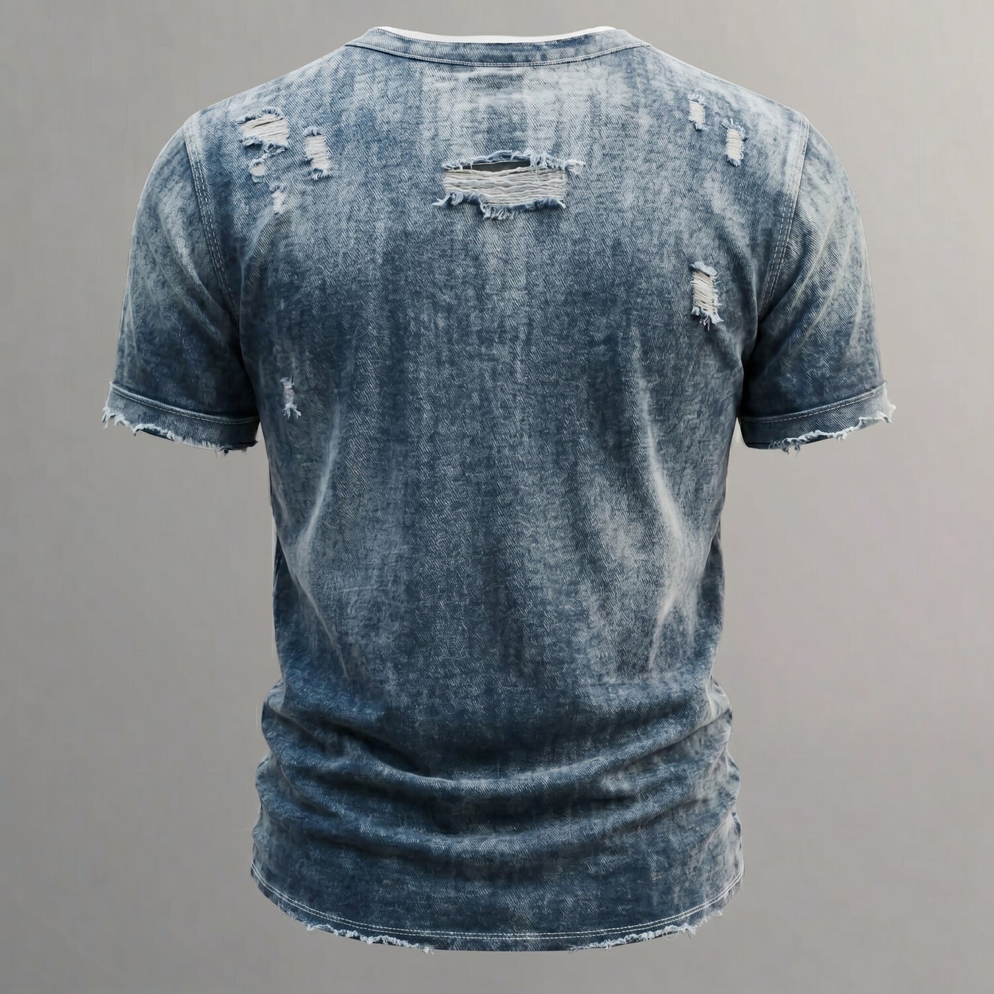 Men's Retro Distressed Washed Denim Ripped Raw-Edge Patch Pocket Henley Shirt