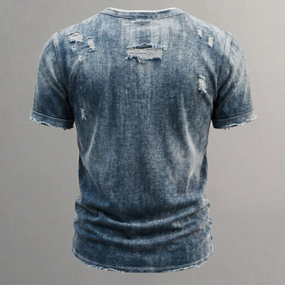 Men's Retro Distressed Washed Denim Ripped Raw-Edge Patch Pocket Henley Shirt
