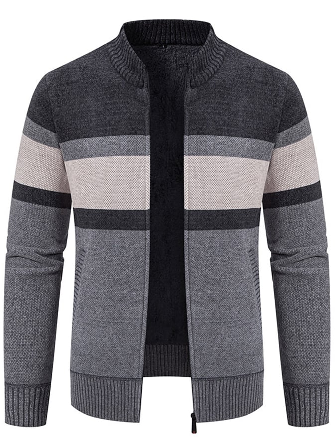 Men's Stylish Contrasting Color Design Velvet Warm Zipper Sweater Jacket
