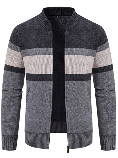 Men's Stylish Contrasting Color Design Velvet Warm Zipper Sweater Jacket