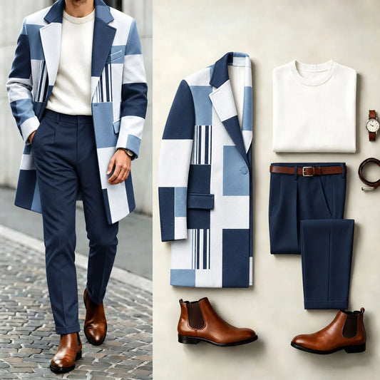 Men's Three-Piece Set: Color-Blocked Checkered Coat, Crew-Neck Sweater, and Slacks