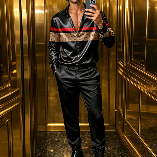 Men's Casual Striped Patchwork Print Long-Sleeve Shirt And Pants Two-Piece Set