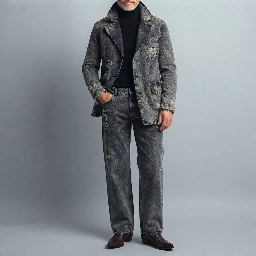 Men's Vintage Notched Lapel Single Breasted Wash Distressed Ripped Frayed Pocket Long Sleeve Denim Jacket