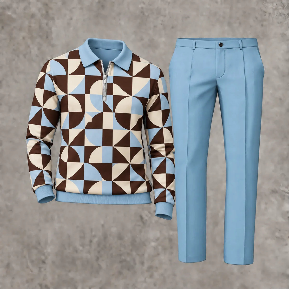 Men's Printed Zipper Polo Shirt and Pants Set