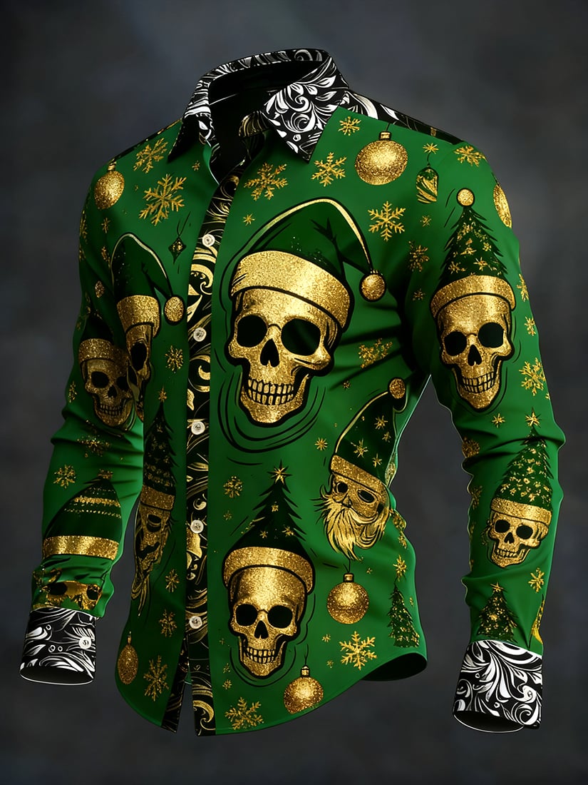 Men's Vintage Skull Christmas Party Long Sleeve Shirt