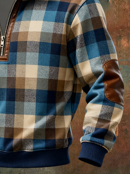 Men's Retro Distressed Color Block Print Casual Fur Collar Long Sleeve Sweatshirt