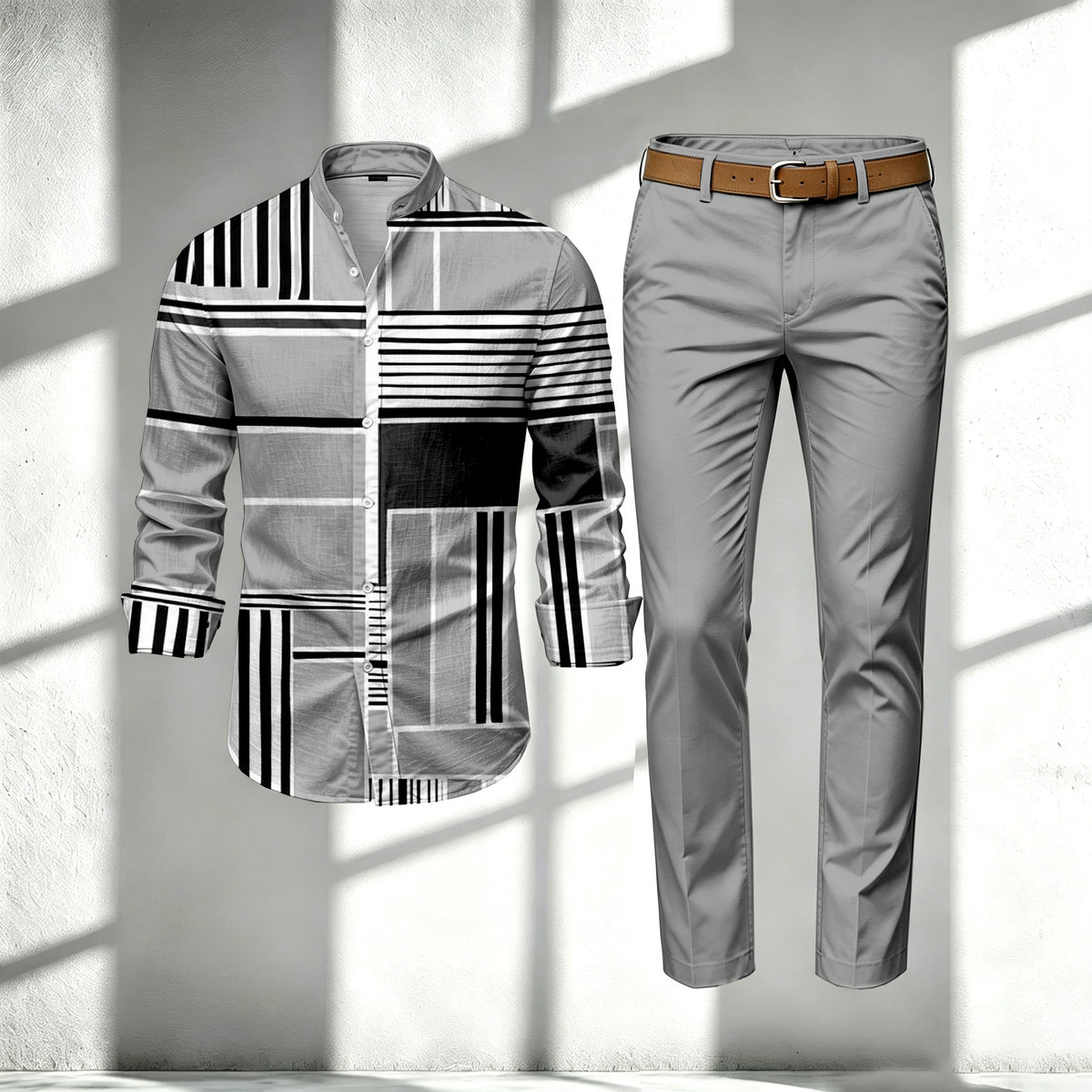 Men's Multi-Color Block-Print Stand-Collar Long-Sleeve Shirt and Pants Set