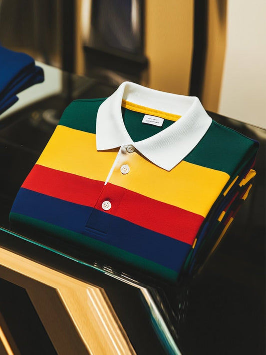 Men's Business Casual Striped Button Short Sleeve Polo Shirt