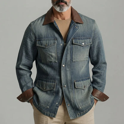 Men's Vintage Multi-Pocket PU Leather Patchwork Turndown Collar Zip-Up Denim Jacket