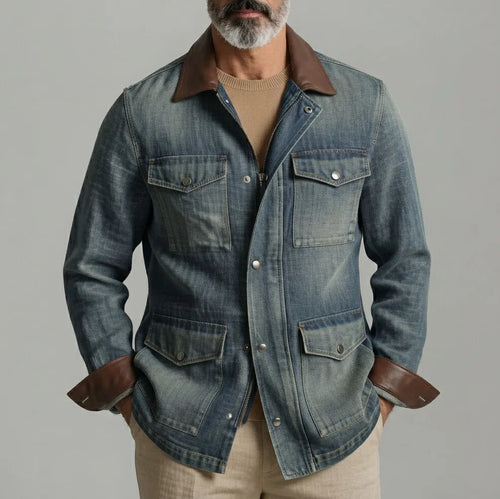 Men's Vintage Multi-Pocket PU Leather Patchwork Turndown Collar Zip-Up Denim Jacket