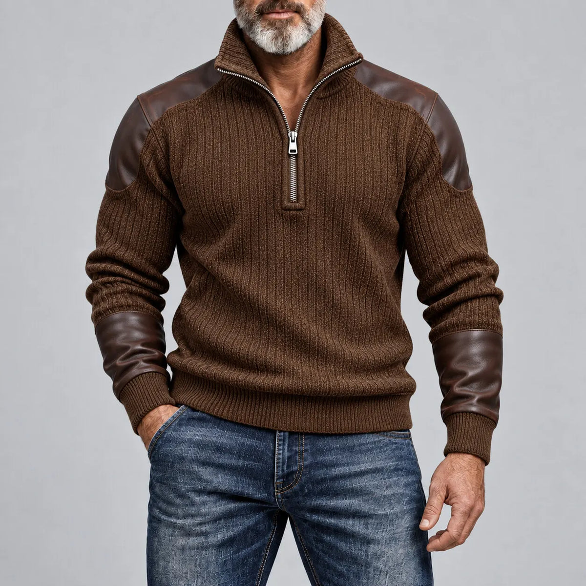 Men's Black Ribbed Knit Stand Collar Stitching PU Leather Half-Zip Pullover Sweatshirt