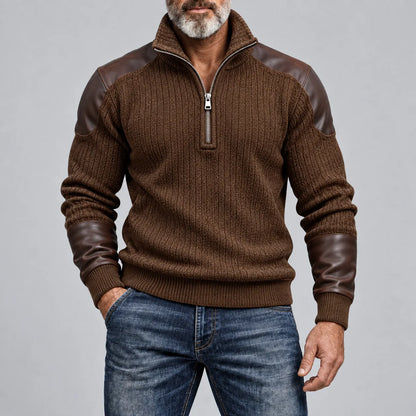 Men's Black Ribbed Knit Stand Collar Stitching PU Leather Half-Zip Pullover Sweatshirt