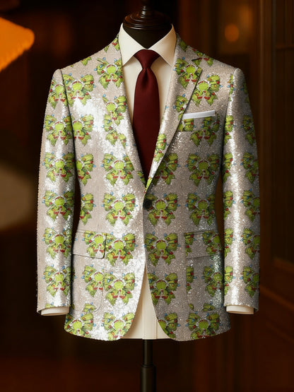 Men's Business Casual Large Pocket Notch Lapel Print Christmas Green Monster Merry Grinchmas Blazers